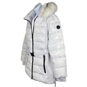 Michael Kors Puffer Jacket Detachable Hood MK Belt Camo White Faux Fur Trim Logo